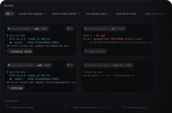 Bonsai on the sample repository: a small terminal for each dev server, lit while its port answers.